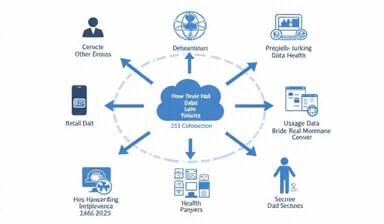 Diagram showing data collection process with icons for personal data, health data, and usage data
